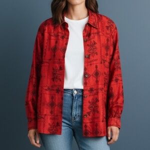 𝅺VTG BLEU BAYOU Tomato Red Silk Embroidered Beaded Holiday Shacket